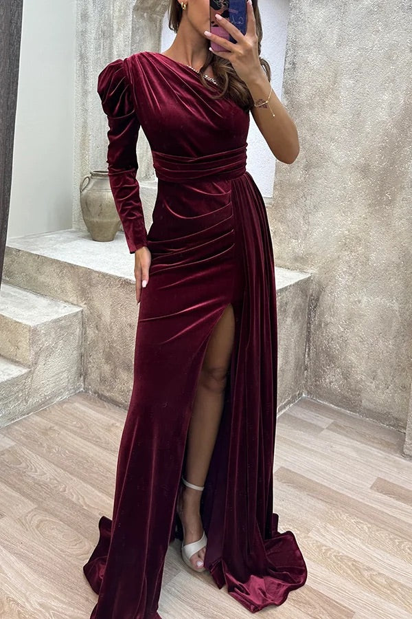 Mysterious Lady Velvet One Shoulder Sequin Trim Ruched Slit Maxi Dress