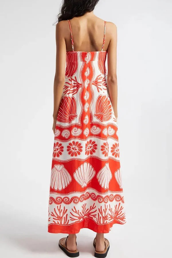 Beautiful Shell Unique Print Front Lace-Up Loose Maxi Dress