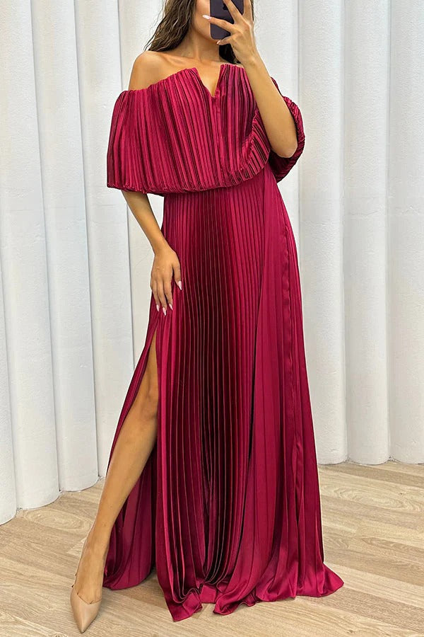 Shelley Pleated Off Shoulder Elastic Waist Slit Maxi Dress