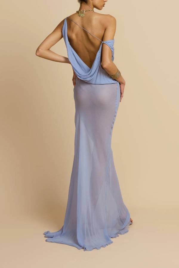 Jordana Chiffon Ruched Cowl Neck Off Shoulder Sheer Maxi Dress