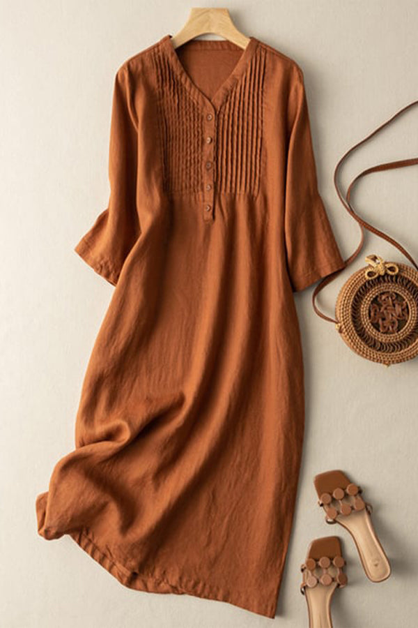 Cotton And Linen V-Neck Pleated Loose Dress