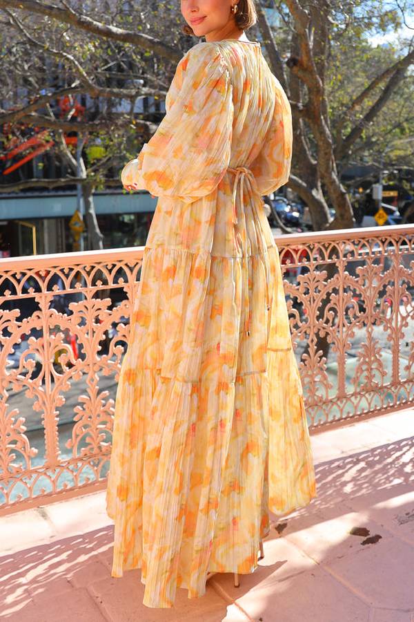 Ochre Cloud V-neck Loose-fitting Puff Sleeve Maxi Dress