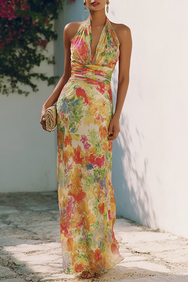 Lauria Chiffon Floral Print Ruched Waist Halter Tie-up Neck Backless Maxi Dress