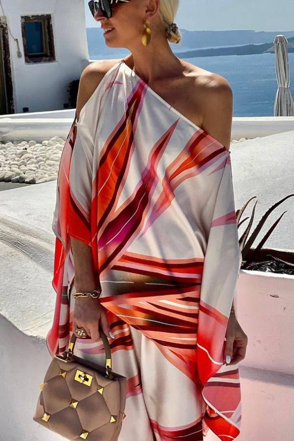 Island Girl Satin Printed Loose Slit Sleeve One Shoulder Top and Elastic Waist Pants Set