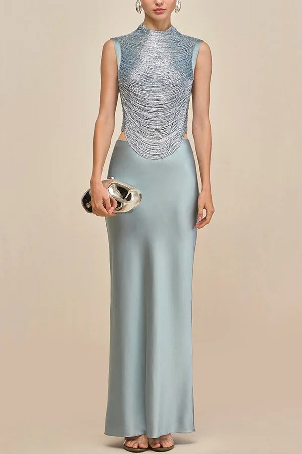 Keep Polished Satin High Rise Bias Cut Drape Maxi Skirt