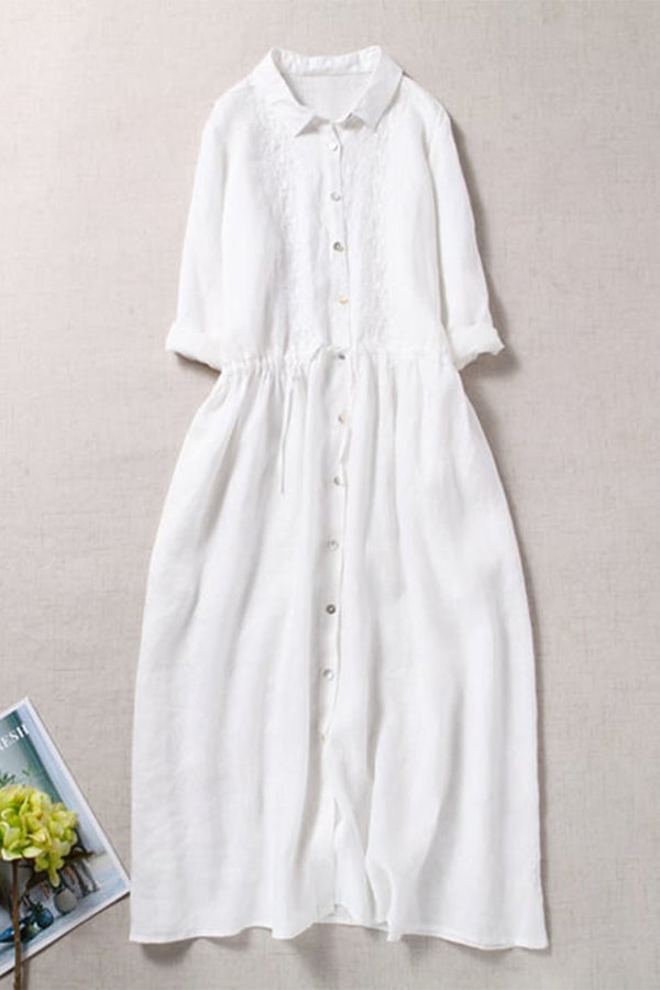 3/4 Sleeves Cotton Linen Loose And Slim Embroidered Dress