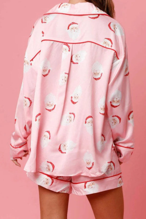 Ensemble pyjama short et short en satin imprimé Père Noël avec taille élastique et poches