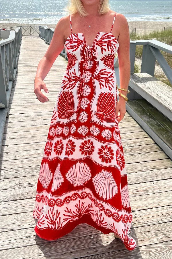 Beautiful Shell Unique Print Front Lace-Up Loose Maxi Dress