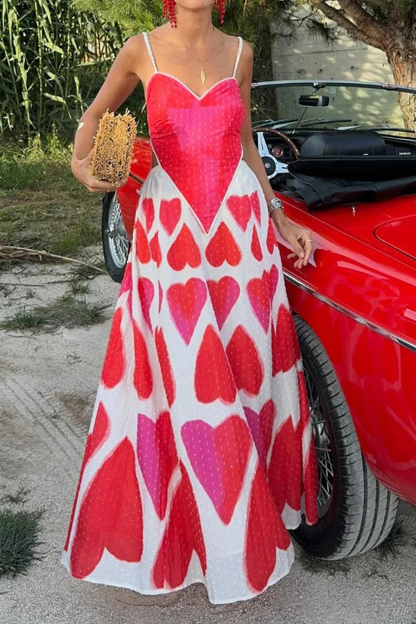 Full of Love Heart Shape Print Cutout Spaghetti Strap Backless Maxi Dress