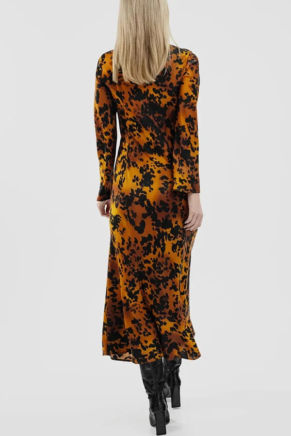 Decorate Autumn Satin Printed Long Sleeve Slit Loose Maxi Dress