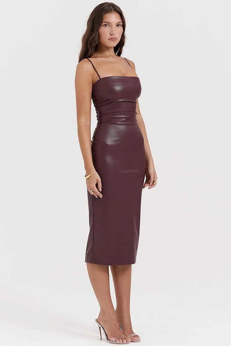 Lace Up Back Cocktail Party Leather Slip Midi Dresses