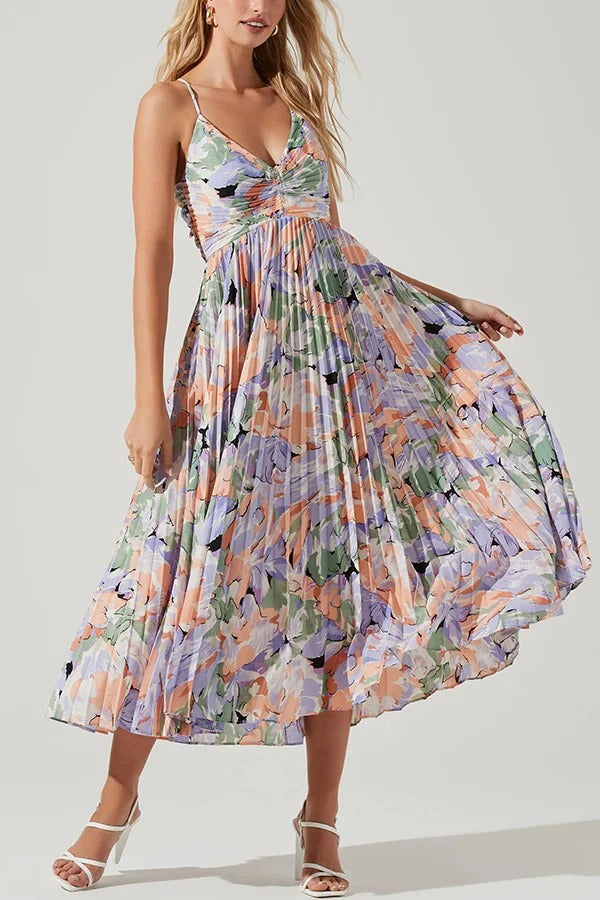 Wedding Party Season Floral Print Pleated Back Tie-up Midi Dress