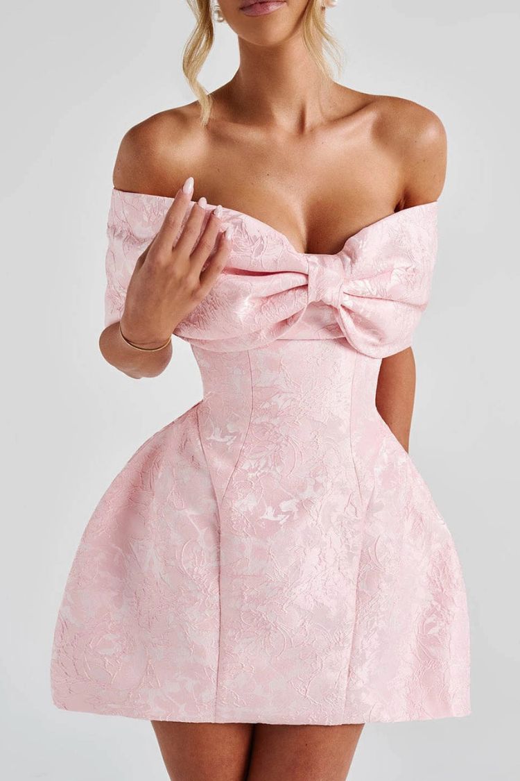 Raquel Floral Jacquard Oversized Off The Shoulder Bow Detail Mini Dress