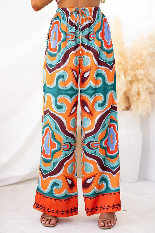 Oh So Chic Satin Ethnic Abstract Print Satin Elastic Waist Pocketed Wide Leg Pants