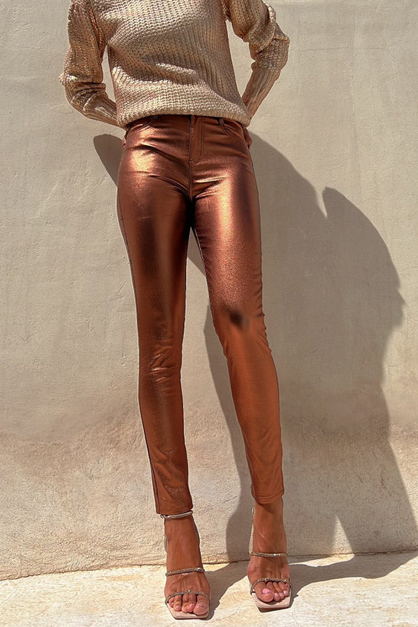 Sweet and Glitzy Metallic Color Pocket Faux Leather Stretch Pants