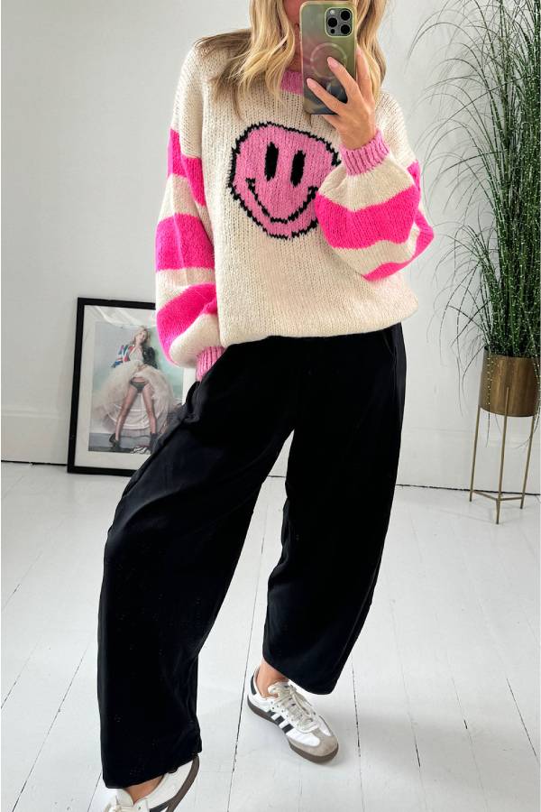 Positivity and Warmth Knit Happy Face Contrast Color Loose Sweater