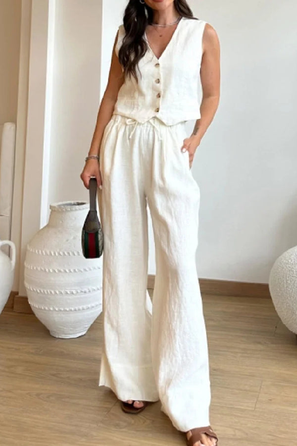 Casual Solid Color Cotton Linen Vest & Lace-Up Pants Two-Piece Set