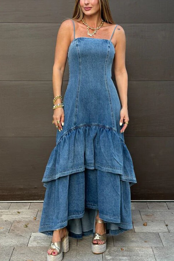 Graceful Smile Denim Back Zipper Slip Layered Ruffle Hem Maxi Dress