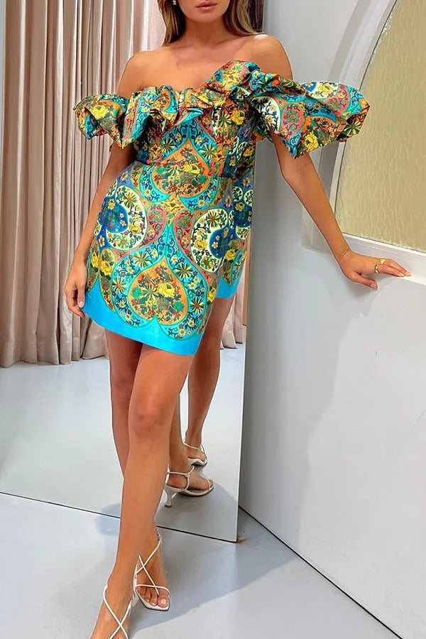 Sofie Satin Unique Paisley Print Cloud Shape Off Shoulder Mini Dress