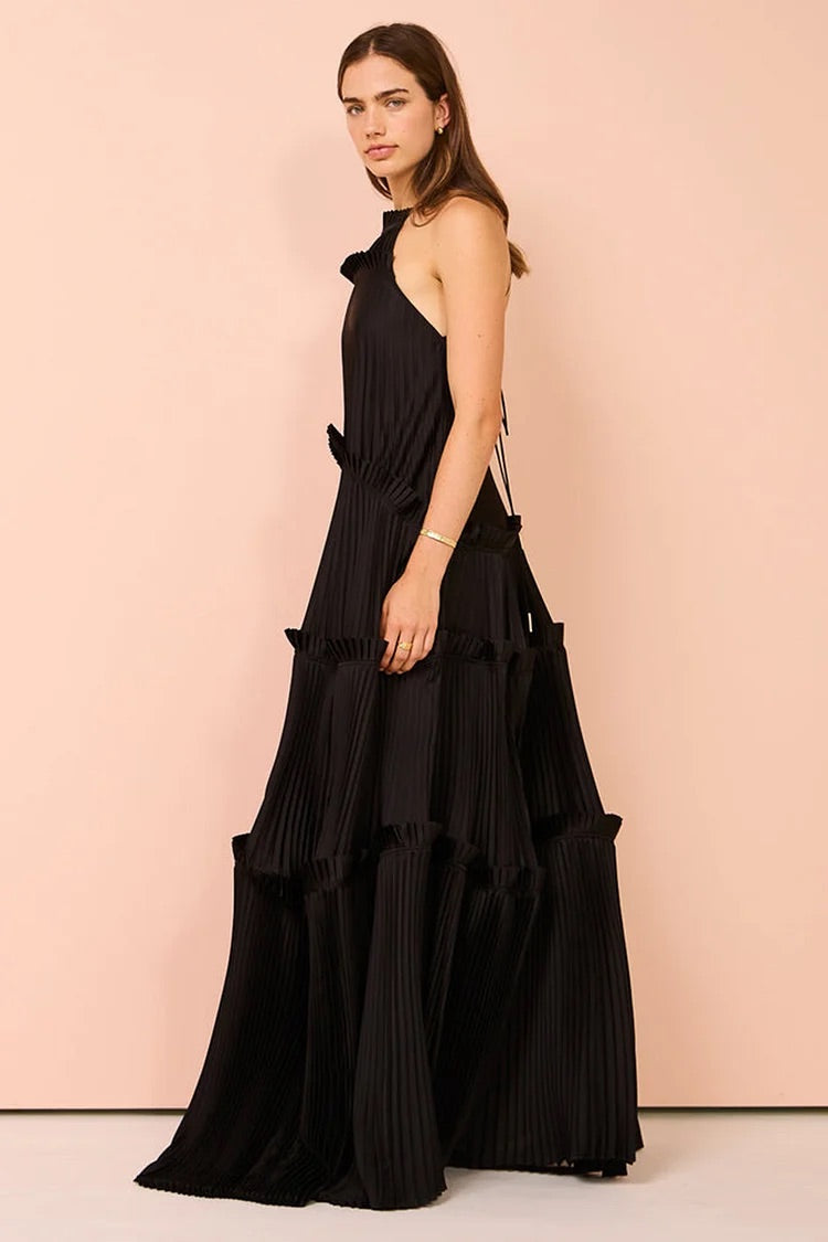 Halter Backless Tiered Pleated Solid Maxi Dresses-Black