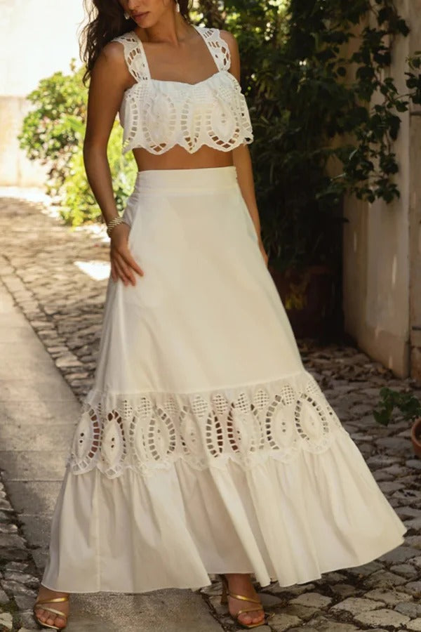 Summer City Hollow Lace Crop Tank and Elastic Waist Pocketed A-line Maxi Skirt Set