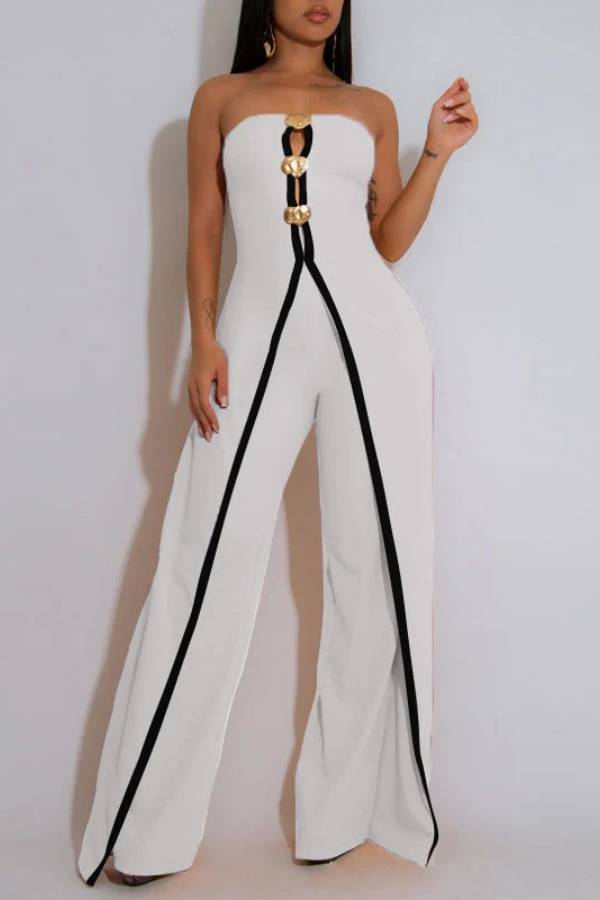 Fashionable Contrast Color Off-shoulder Metal Decoration Casual Elegant Jumpsuit