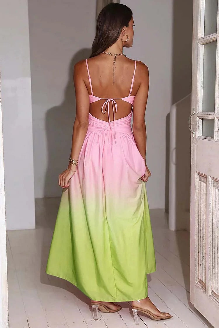 Gradient Color V Neck Backless Prom Slip Maxi Dresses