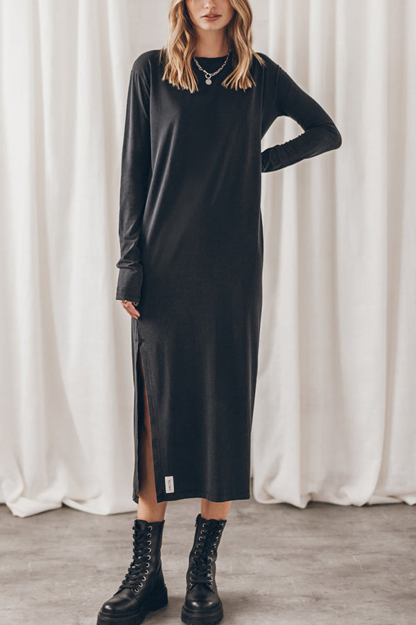 The Bedisse Cotton Blend Long Sleeve Relaxed Slit Midi Dress