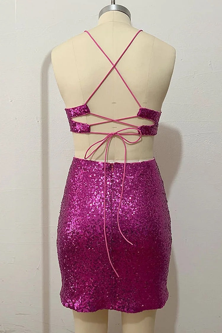 Deep V Neck Tied Up Backless Sequin Cutout Bodycon Birthday Party Slip Mini Dresses