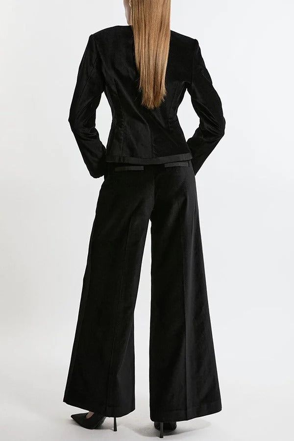 Cue The Cocktails Velvet Grosgrain Detail Pocketed Wide Leg Pants