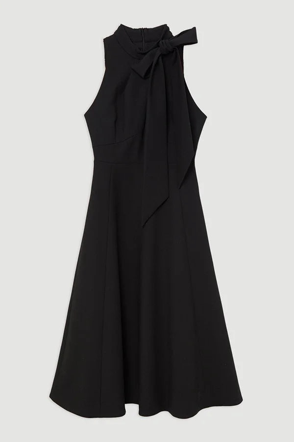 Stylish and Classic Unique Bow Tie Accent Pocketed Flare Midi Dress