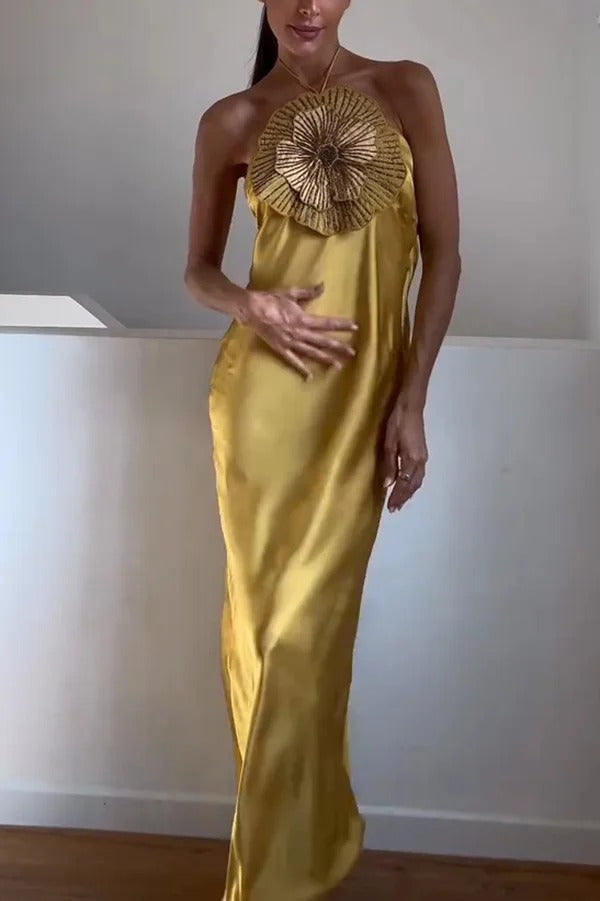 Fashionable Beaded Large Flower Decoration Halter Neck Backless Maxi Dress