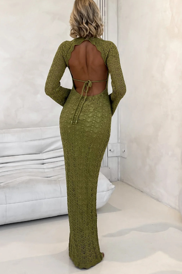 Avie Knit Textured Fabric Backless Tie-up Long Sleeve Stretch Maxi Dress