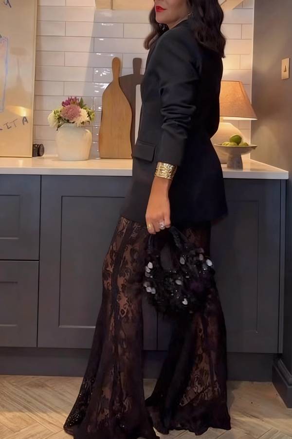 Ready for Tonight Unique Pattern Lace Fishtail Hem Stretch Pants