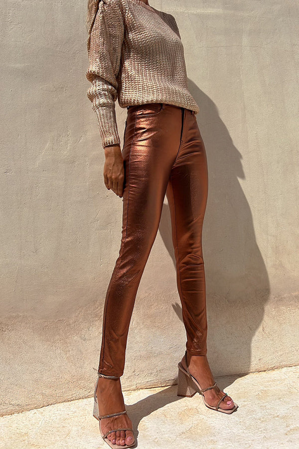 Sweet and Glitzy Metallic Color Pocket Faux Leather Stretch Pants