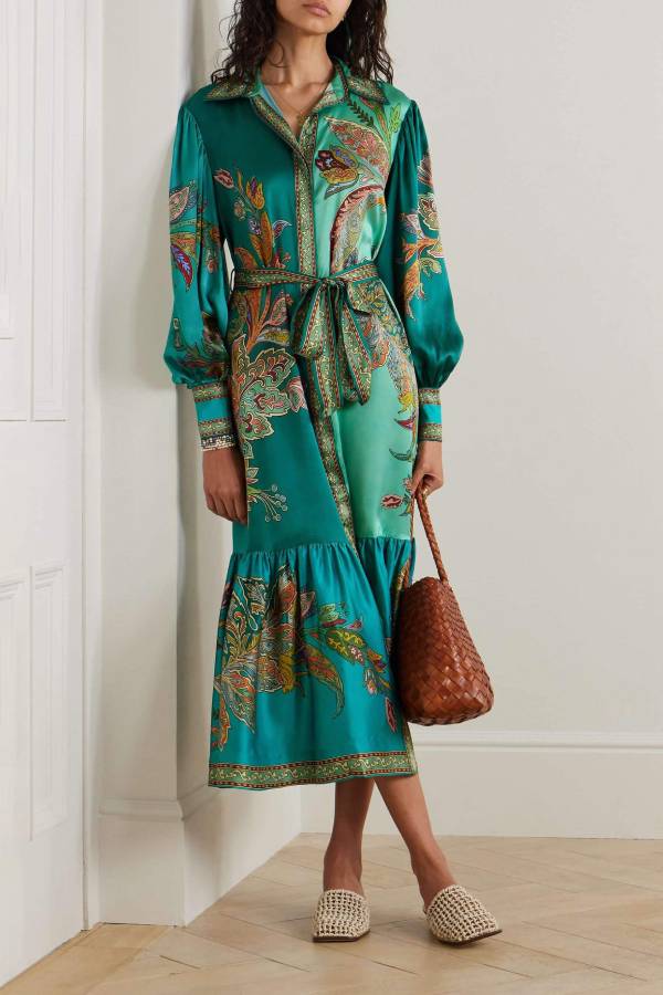 Resort Style satin Unique Printed Lapel Lantern Sleeve Lace-up Midi Dress