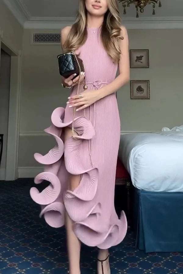 Solid Color Sleeveless Waist Tie Irregular Ruffle Slim Midi Dress