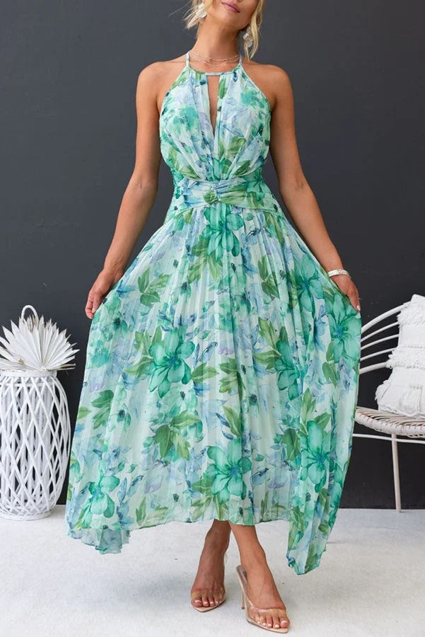Sunny Forecast – Plissiertes Midikleid mit Blumenmuster und Cut-Out-Ausschnitt 