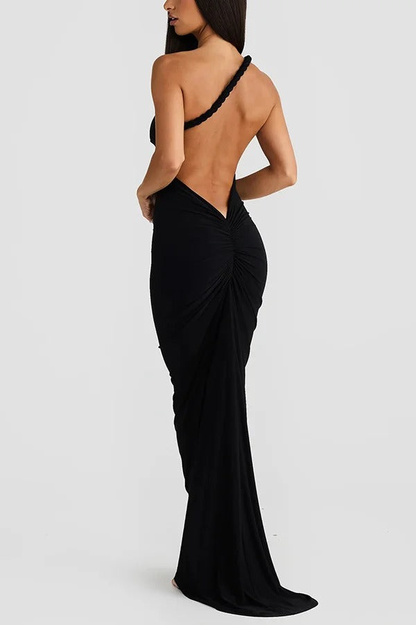 Sexy Halter Neck Open Back Ruched Slim Fit Maxi Dress