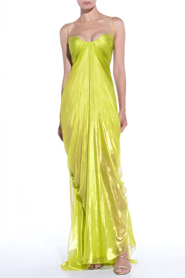 Victoria Shimmering and Flowing Pleated Fabric Back Lace-up Drape Maxi Dress