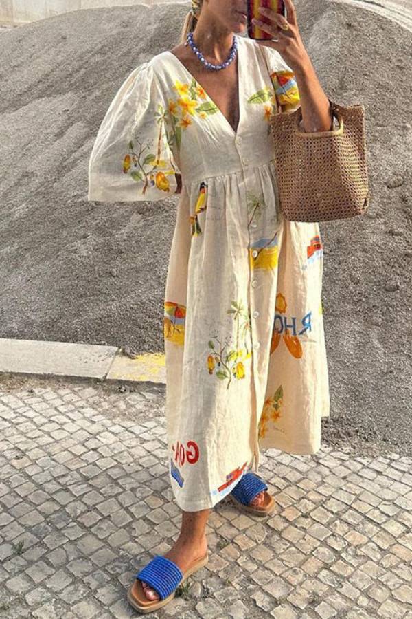 Cozy Summer Linen Blend Unique Print Button Puff Sleeve Loose Midi Dress