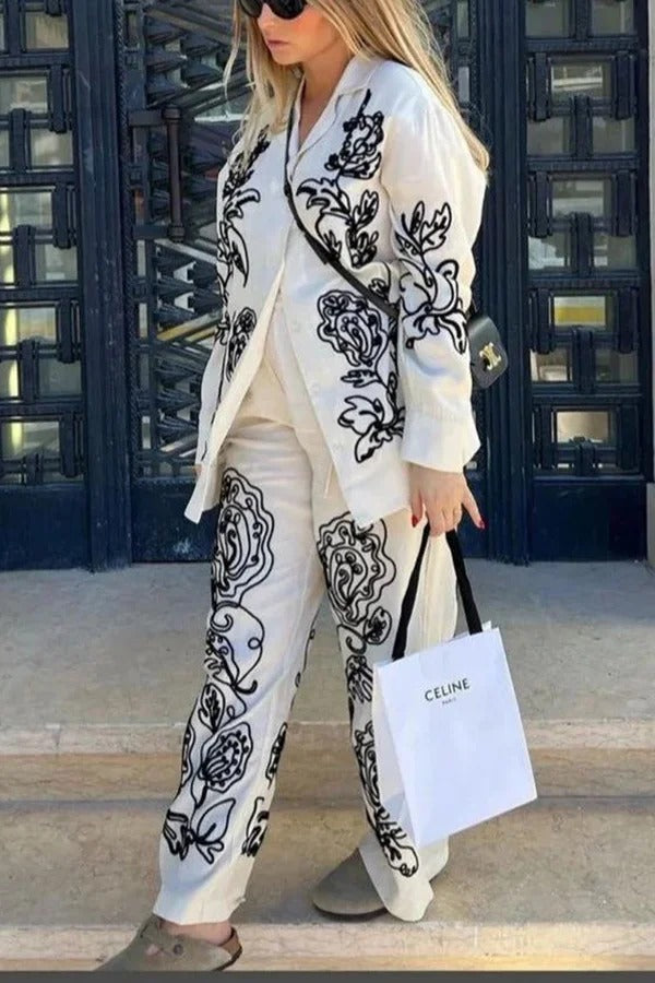 Bella Linen Blend Embroidered Floral Print Long Sleeve Loose Shirt and Elastic Waist Pocket Pants Set