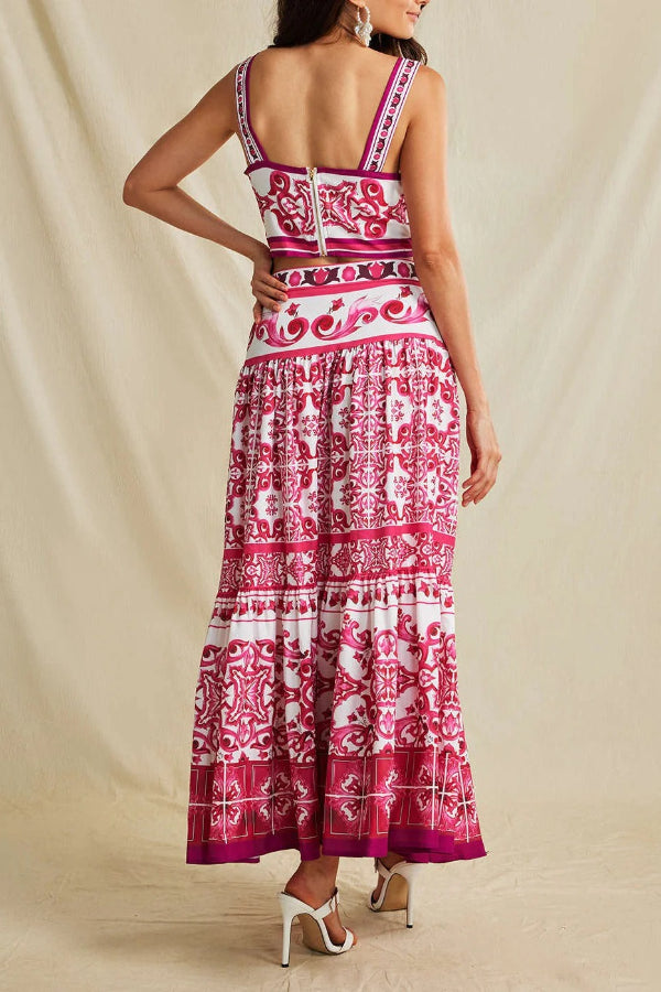 Unique Printed Sexy Sling Tank and Elastic Waist Large Hem Maxi Skirt Set