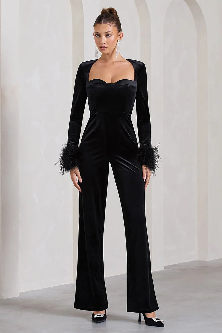 Long Sleeve Feather Cuff Cinch Waist Straight Leg Velvet Jumpsuit-Black