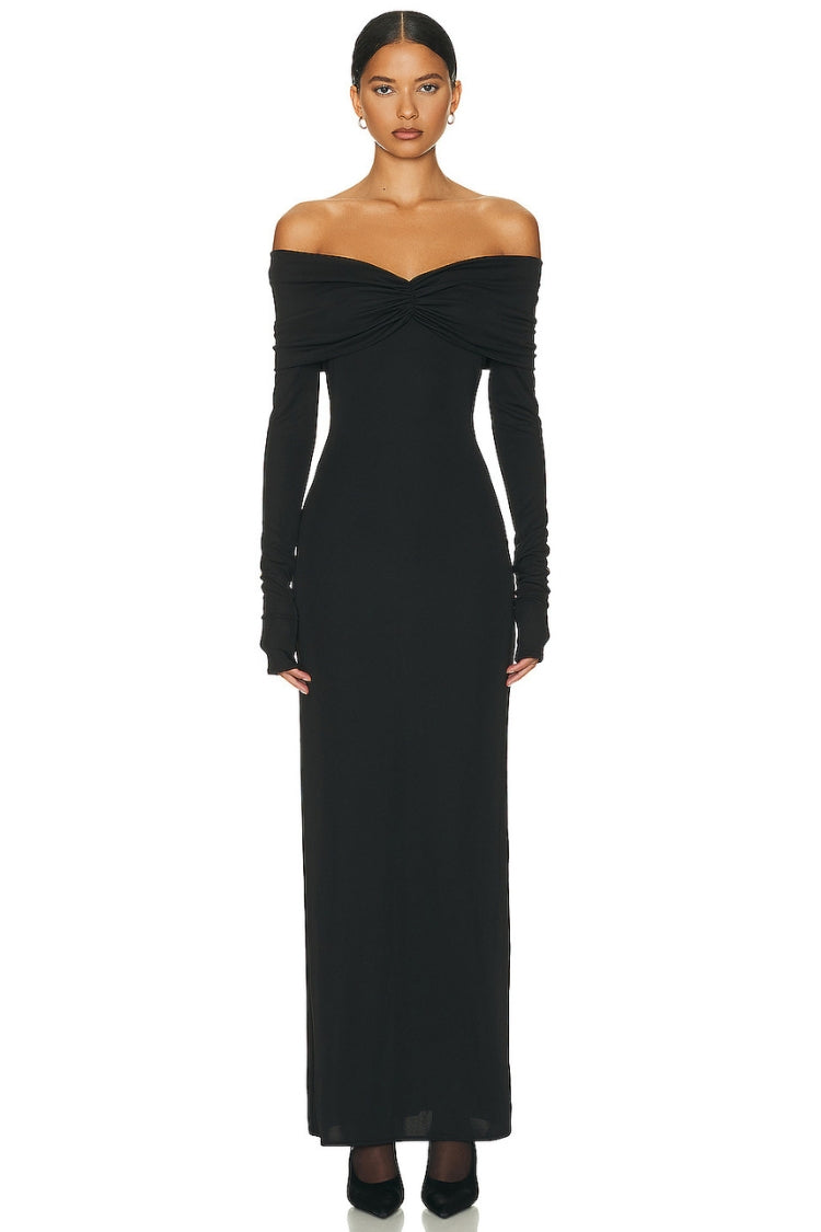 Long Sleeve Off-Shoulder Bandeau Shirred Maxi Dress