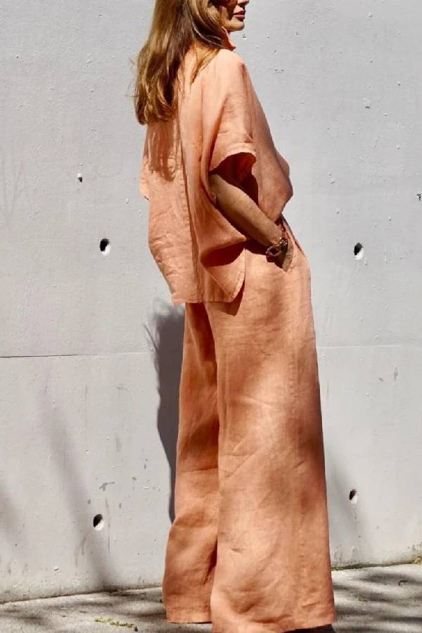 Casual Linen Orange Two-piece Suit