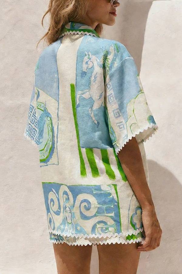 Pierre Linen Blend Ric Rac Trims Unique Print Short Sleeve Shirt and Wrap Tie-up Mini Skirt Set