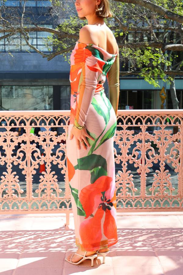 Off Shoulder Mesh Maxi Dress in Orange Floral Scarf