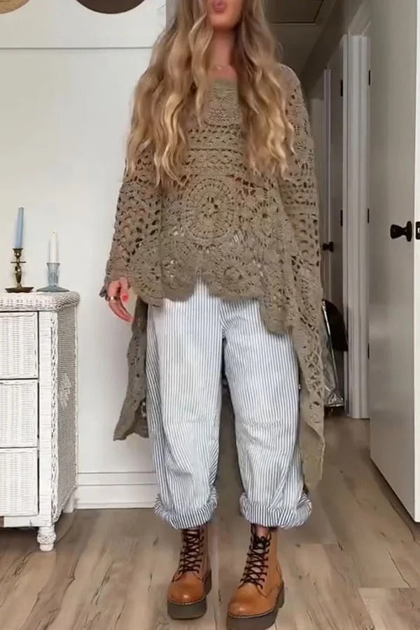 Boho Style Crochet Long Sleeve High Low A-line Maxi Top