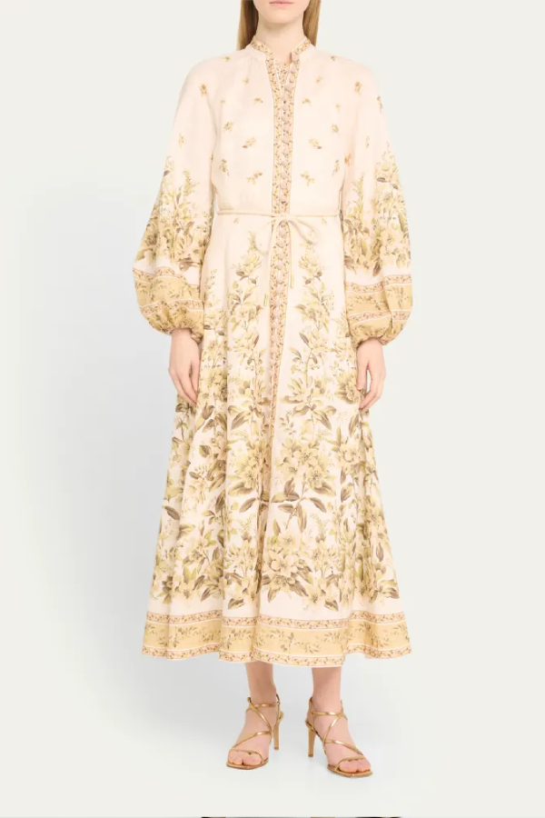 Golden Floral Long Sleeve Buttoned Linen Dress